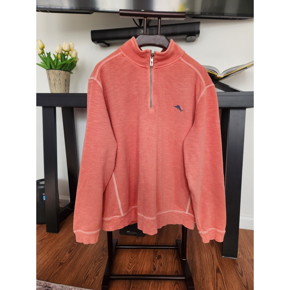 Tommy Bahama Mens XXL Coral Orange Quarter Zip Pullover Pima Cotton Tencel Slub